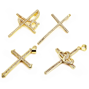 Gold-plated copper cross pendants with white zircon inlays and heart details