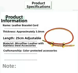 Detailed view of 3mm braided red and yellow leather cord with adjustable gold clasp