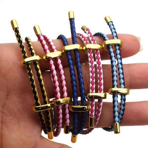 Adjustable 3mm braided leather cord bracelet with gold metal sliding buckle for charms