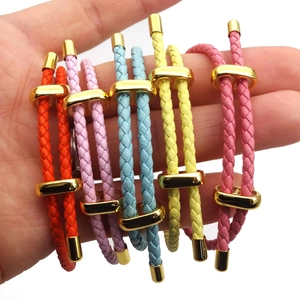 Adjustable 3mm woven leather cord bracelets with polished gold metal hardware in vibrant colors