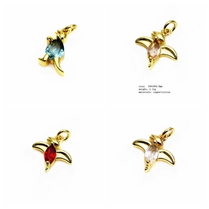 Macro detail of four colorful dinosaur pendants with zircon inlay and dimensions
