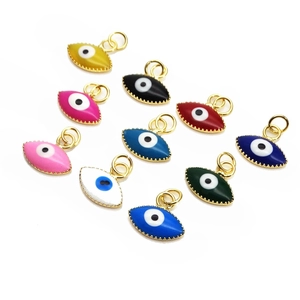 Set of eleven 10mm evil eye pendants in assorted enamel colors with golden metal edges