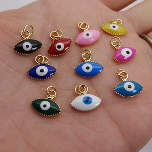 Colorful 10mm Evil Eye pendants in various enamel colors with golden metal borders