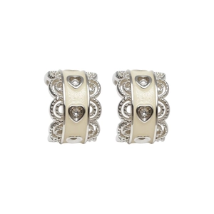 Elegant heart zircon hoop earrings with cream enamel finish and silver scallop edges
