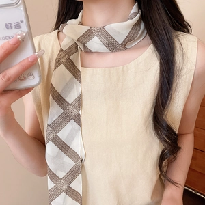 Detailed view of elegant thin plaid mesh scarf necktie ribbon for women summer accessory
