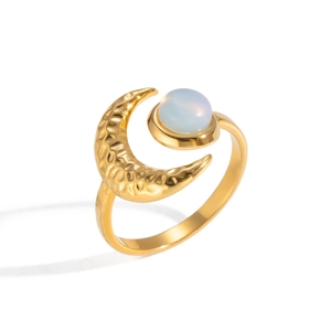 18K gold plated stainless steel crescent moon ring with opal-like stone for women