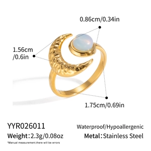 Gold-plated stainless steel ring featuring a crescent moon and round opal detail