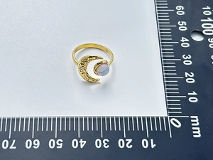 Detailed view of an 18K gold plated stainless steel moon ring with measurement ruler