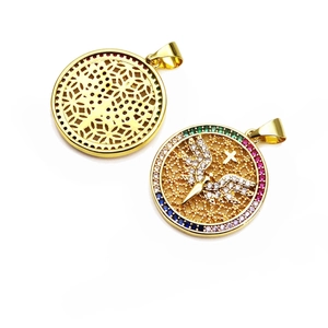 Detailed view of a gold circular pendant featuring multi-color stones and cross design