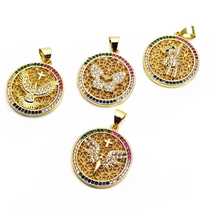 Golden round pendants with colorful zircon borders and micro-pave animal motifs