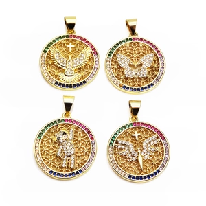 Rainbow Micro Pave Zircon Hollow Round Copper Pendant Only (Without Chain) Gold Plated Butterfly Bear Angel Dove Jewelry