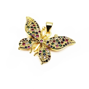 Detailed view of colorful pavé butterfly pendant with vibrant multi-color gemstones