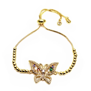 Detailed shot of adjustable gold butterfly bracelet connector with colorful zircon stones