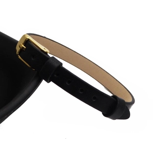 Close-up of black leather watch strap with polished gold buckle and adjustment holes