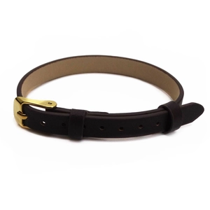 Detail of dark brown leather bracelet strap with adjustable golden buckle and smooth finish