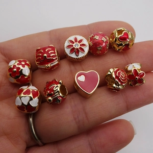 Golden lucky cat and red heart enamel large hole beads for DIY charm bracelets