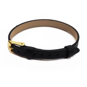 Minimalist black 8mm leather strap bracelet with gold buckle closure for men and women
