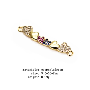 Gold plated copper heart connector with multi-color zircons for DIY bracelet jewelry making
