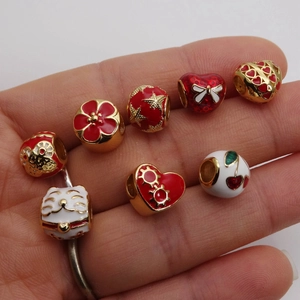 Gold lucky cat and heart charms with red enamel for DIY bracelet jewelry making
