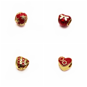 Detailed views of gold-plated red enamel heart beads and star charms for DIY jewelry making
