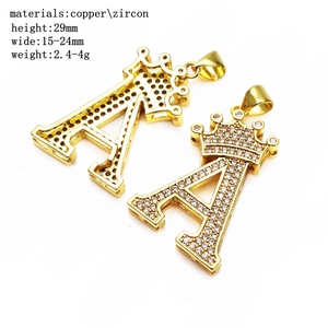 Golden micro-pave zircon crown letter A pendant in copper with dimension specs