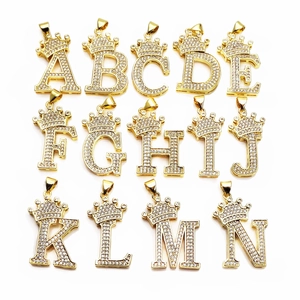 Hip Hop Crown Initial Letter Pendant Gold Plated Copper Micro Pave Zircon A-Z Alphabet Charm For Necklace Making DIY Jewelry