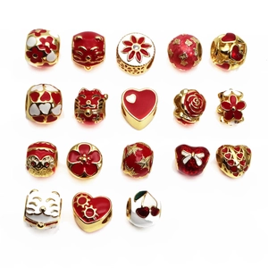 Gold Plated Copper Enamel Drip Oil Large Hole Beads Maneki Neko Heart Flower Charms For DIY Bracelet Necklace Jewelry Making