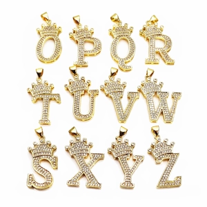 Gold-plated crown initial pendants from O to Z with micro-pave cubic zirconia stones