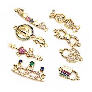 Gold-plated DIY connector charms with micro-paved zircons in heart and elephant designs