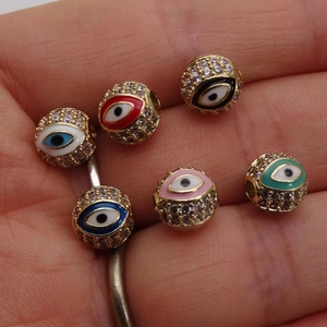 14K gold plated evil eye spacer beads with pavé zircon for DIY jewelry bracelets