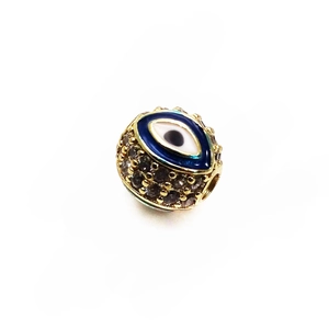 14K gold plated evil eye bead charm with blue enamel and pavé cubic zirconia for DIY bracelets