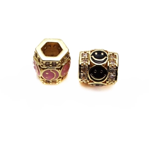 Detail of 14K gold plated smiley face charms with pink and black enamel and zircons