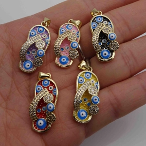 Rainbow enamel flip flop pendants with evil eye motifs and micro-set cubic zirconia