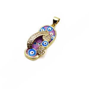 Rainbow enamel flip-flop pendant with evil eye pattern and 14K gold zircon inlay