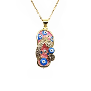 Pink flip-flop pendant necklace with evil eye patterns and micro-paved cubic zirconia