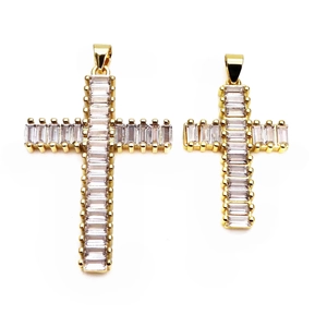 14K Gold Plated Copper Cross Pendant Baguette Cut Zirconia Religious Charm For Necklace DIY Jewelry Making Men Women