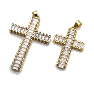 Copper 14K gold-plated cross pendant with micro-pave baguette-cut cubic zirconia