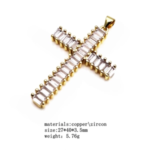 14K gold plated copper cross pendant with baguette-cut cubic zirconia 27x40mm size