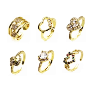 Bagues en Cuivre en Forme de Cœur Plaquées Or 14K pour Femmes avec Zirconia Micro Incrusté Bague Ouverte Ajustable Bijoux de Mode