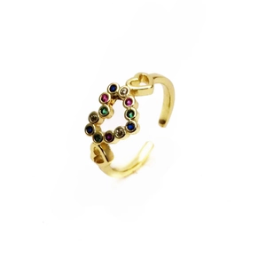 Bague coeur ajustable plaquée or 14k avec oxydes de zirconium multicolores micro-pavés