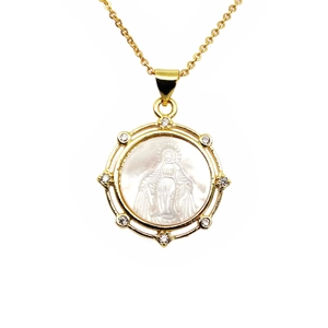 Collana dorata con ciondolo Vergine Maria in madreperla e bordo in zirconi cubici