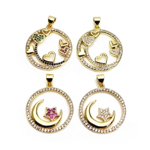 Copper Zirconia Heart Star Moon Pendant For DIY Necklace Making Round Starry Sky Gold Plated Dainty Jewelry Accessory For Women