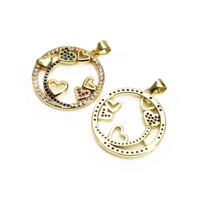 Front and back detail of gold plated heart pendant with colorful cubic zirconia