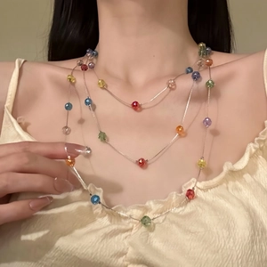Collier à Perles Multicolore Multi-couches pour Femme Style Dopamine Choker Frais et Sucré Chaîne Argentée Perles en Verre Bijoux