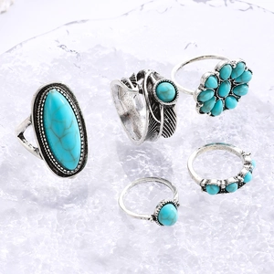 Detailed view of vintage Bohemian turquoise ring set with leaf and flower engravings.