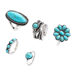 Macro detail of vintage Bohemian turquoise ring set with silver leaf and flower motifs