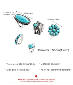 Detailed view of 5-piece vintage bohemian zinc alloy rings set with turquoise accents