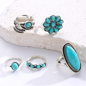 Detailed view of Bohemian vintage turquoise ring set with leaf and flower motifs