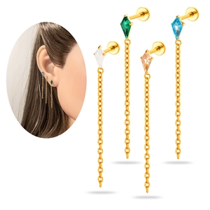 G23 Titanium Push Pin Piercing Earring Geometric Rhombus Zirconia Tassel Chain Lip Bone Stud Body Jewelry Accessory