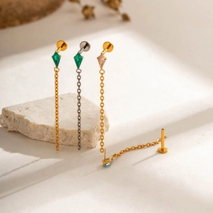 High-quality titanium alloy push-pin piercing jewelry with tassel chain and rhombus zircon